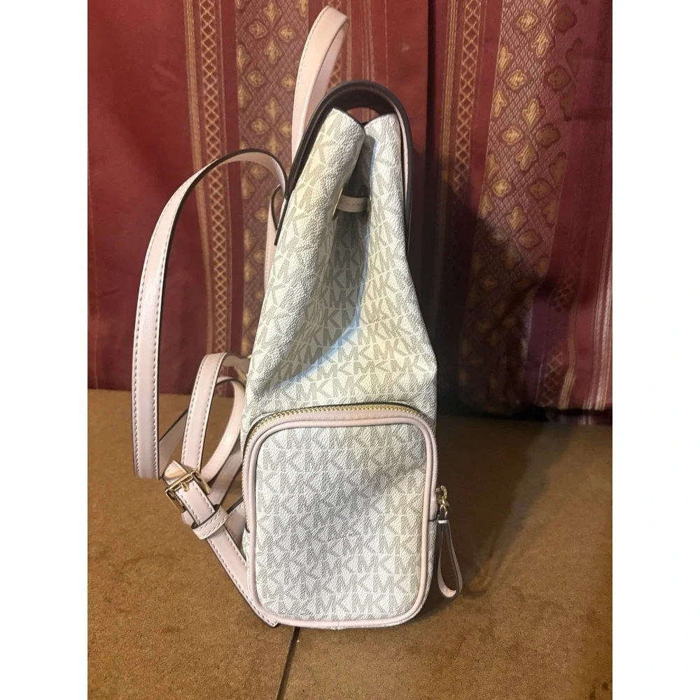 Michael Kors Abbey Medium Backpack Vanilla MK Logo Blush Pink Leather Gold Chain